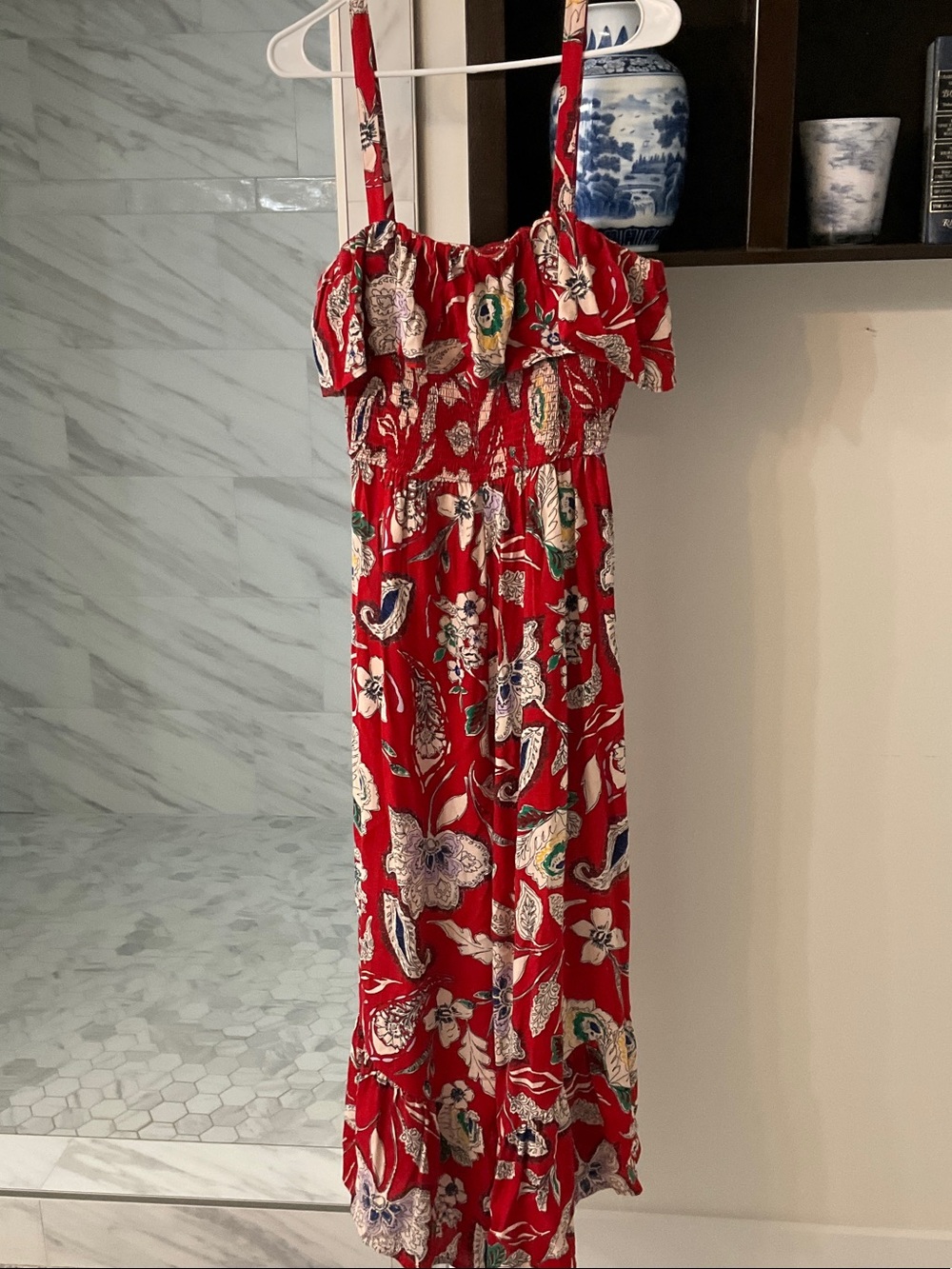 Red Floral Maxi Sundress with Ruffle Bodice